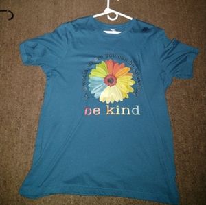 "In a world where you can be anything, be kind shirt" in blue and size large